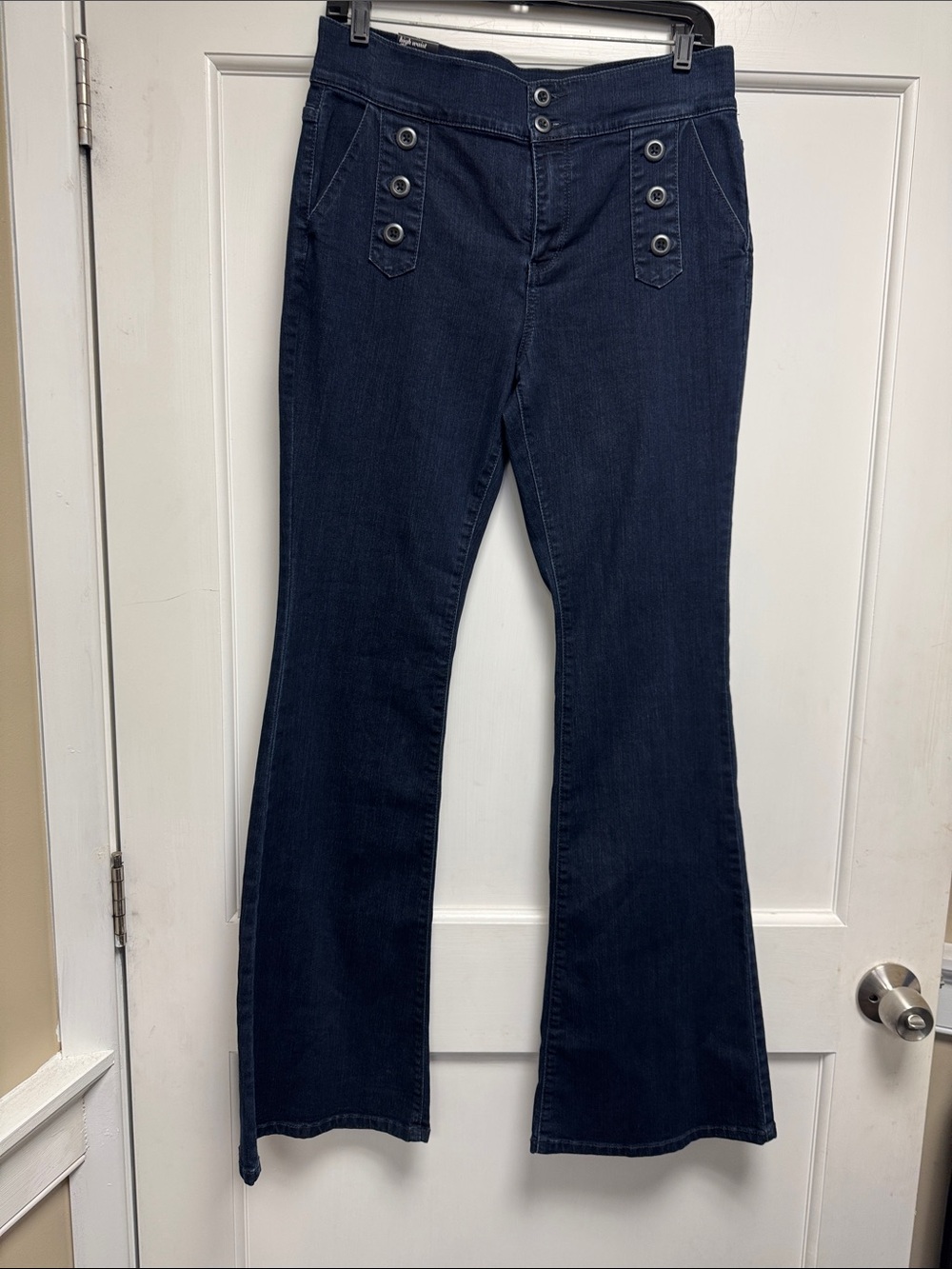 Women's Dark Blue Flare Jeans with Button-Accent Pockets